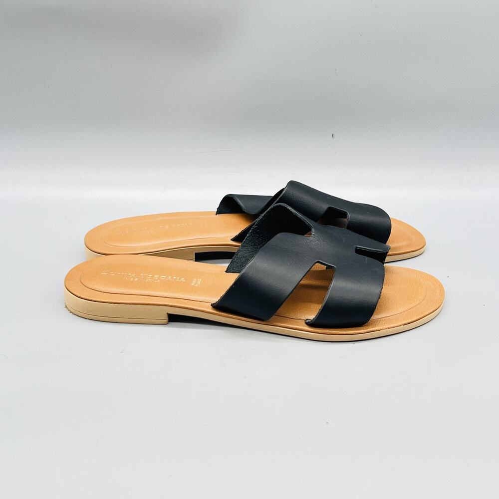 Donna Toscana Sandals Womens 9.5 Black Leather Slide Cut Out Strap Flat Shoes